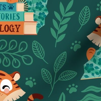 smart tigers with books and leaves