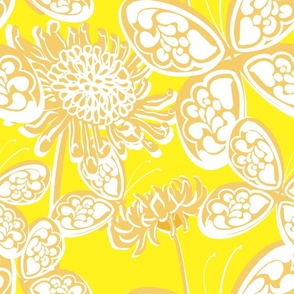 Butterfly Garden Gold And Yellow Busy Palm Royale Beach Chrysanthemum Flowers Sunny 60’s 70’s Mid-Century Modern Tonal Maximalist Hippy Beach Bright Floral Retro Scandi Style Garden Repeat Pattern