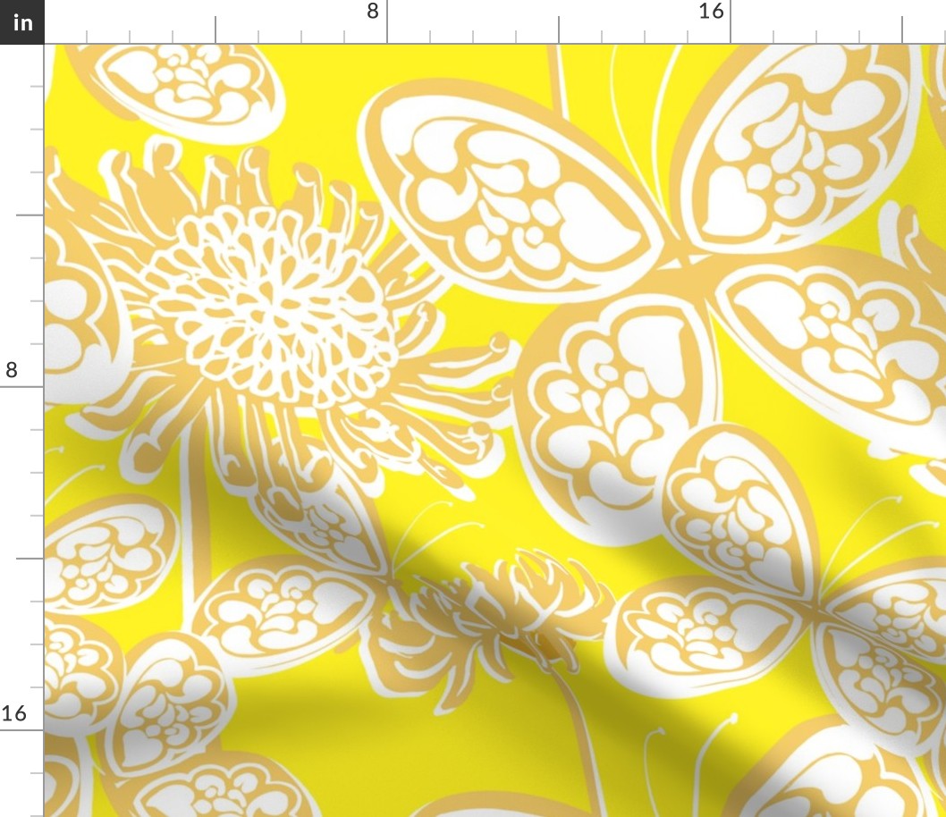 Butterfly Garden Gold And Yellow Busy Palm Royale Beach Chrysanthemum Flowers Sunny 60’s 70’s Mid-Century Modern Tonal Maximalist Hippy Beach Bright Floral Retro Scandi Style Garden Repeat Pattern