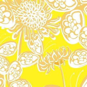 Butterfly Garden Gold And Yellow Busy Palm Royale Beach Big Chrysanthemum Flowers Sunny 60’s 70’s Mid-Century Modern Tonal Maximalist Hippy Beach Bright Floral Retro Scandi Style Garden Repeat Pattern