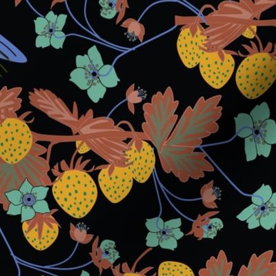  Modern, Midnight Garden Strawberry and Bird Pattern by martibetz
