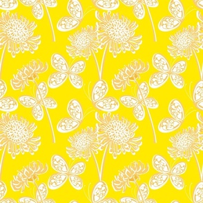 Butterfly Garden Gold And Yellow Loose Palm Royale Beach Mini Chrysanthemum Flowers Sunny 60’s 70’s Mid-Century Modern Tonal Maximalist Hippy Beach Bright Floral Retro Scandi Style Garden Repeat Pattern