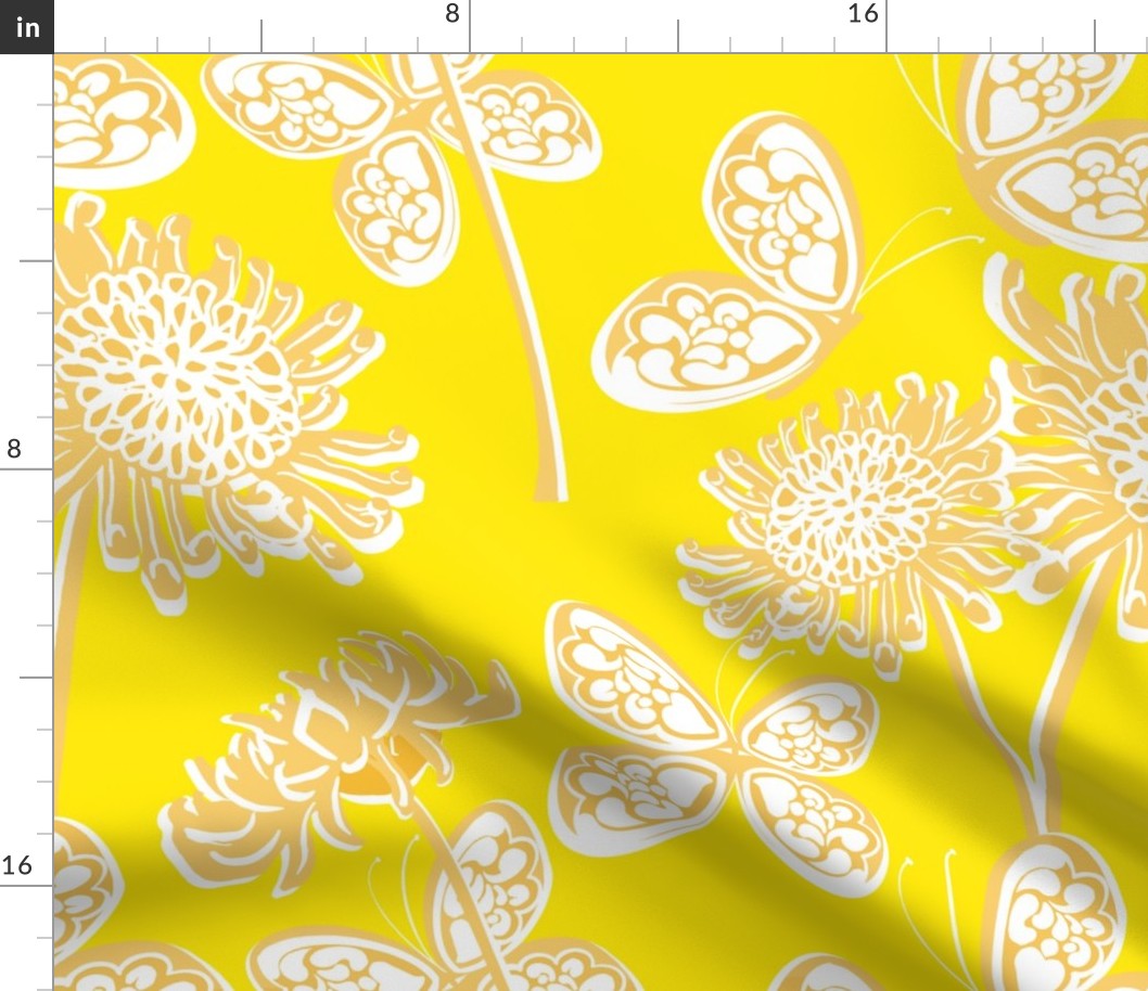 Butterfly Garden Gold And Yellow Loose Palm Royale Beach Chrysanthemum Flowers Sunny 60’s 70’s Mid-Century Modern Tonal Maximalist Hippy Beach Bright Floral Retro Scandi Style Garden Repeat Pattern