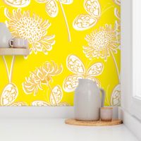 Butterfly Garden Gold And Yellow Loose Palm Royale Beach Big Chrysanthemum Flowers Sunny 60’s 70’s Mid-Century Modern Tonal Maximalist Hippy Beach Bright Floral Retro Scandi Style Garden Repeat Pattern