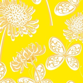 Butterfly Garden Gold And Yellow Loose Palm Royale Beach Big Chrysanthemum Flowers Sunny 60’s 70’s Mid-Century Modern Tonal Maximalist Hippy Beach Bright Floral Retro Scandi Style Garden Repeat Pattern