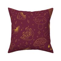 Enchanting Golden Mushrooms on Mulberry Red - Large