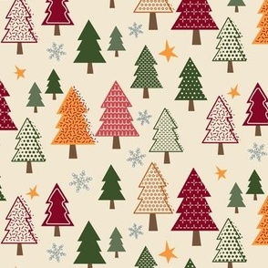 Retro Patterned Christmas Trees on Cornsilk Ground Medium Scale