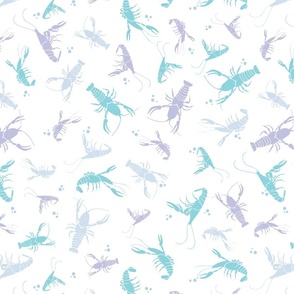 Teal, Blue, and Lavender Crayfish Scattered on a White Background