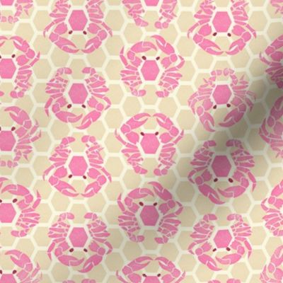 block print nautical crabs in a hexagon pattern pink and tan sand small scale