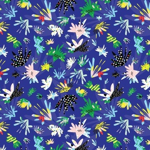 Medium - Bright abstract colorful flowers, maximalist floral in blue, floral wallpaper, fabric, home decor and bedding