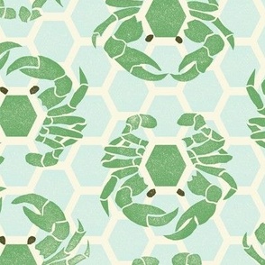 block print nautical crabs in a hexagon pattern jade green and blue large scale