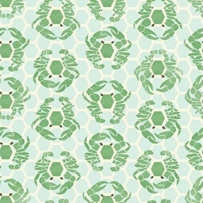 block print nautical crabs in a hexagon pattern jade green and blue small scale