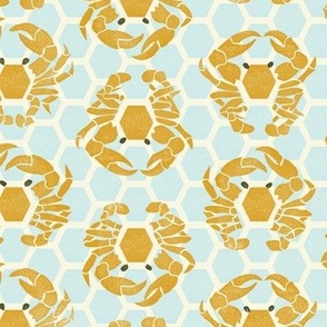 block print nautical crabs in a hexagon pattern mustard yellow and blue medium scale