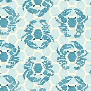 block print nautical crabs in a hexagon pattern teal blue medium scale