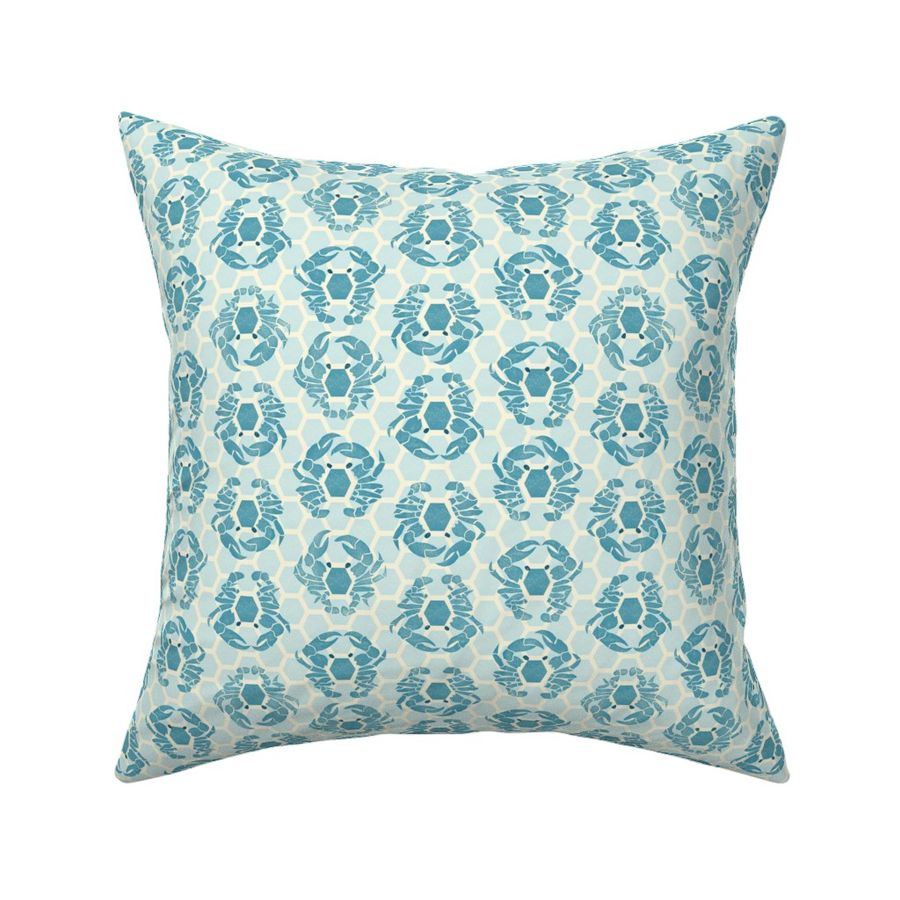 block print nautical crabs in a hexagon pattern teal blue small scale