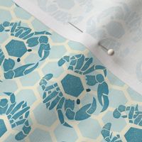 block print nautical crabs in a hexagon pattern teal blue small scale