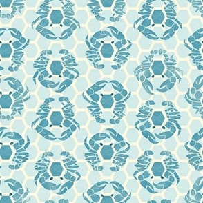 block print nautical crabs in a hexagon pattern teal blue small scale