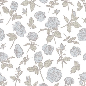 Shabby chic roses, rose stems and rosebuds in pale blue and soft sage green on white.