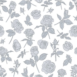 Shabby chic roses in pale blue with line art
