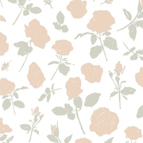 Shabby chic roses in peach and soft sage green on white