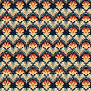 Tiny Art Deco Floral: Vibrant Red, Orange, and Blue Patterns on Dark Blue Background