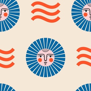 Sun & Sea ☀︎ | Summer Sun and Abstract Waves Graphic Design in Red, Cream + Blue