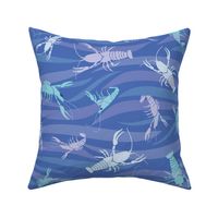 These Teal, Light Blue, and Lavender Crayfish Are Crustaceans Swimming in a Royal Blue Sea of Soft Waves Creating a Seamless Repeat Pattern