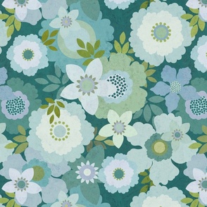 Retro Floral - Blue & Green, Large Scale