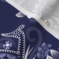 L| Modern white Royal blue Floral Damask on Denim Blue 