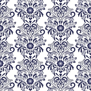 L| Modern denim dark blue Floral Damask on white