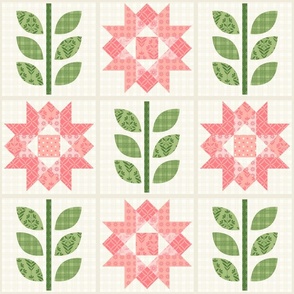 Peaches and Cream Star Flower Quilt Blocks with Stems- horizontal print