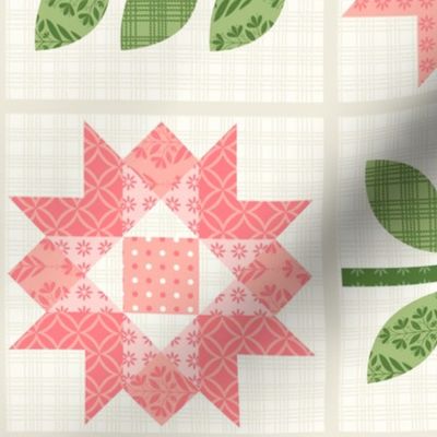 Peaches and Cream Star Flower Quilt Blocks with Stems- horizontal print