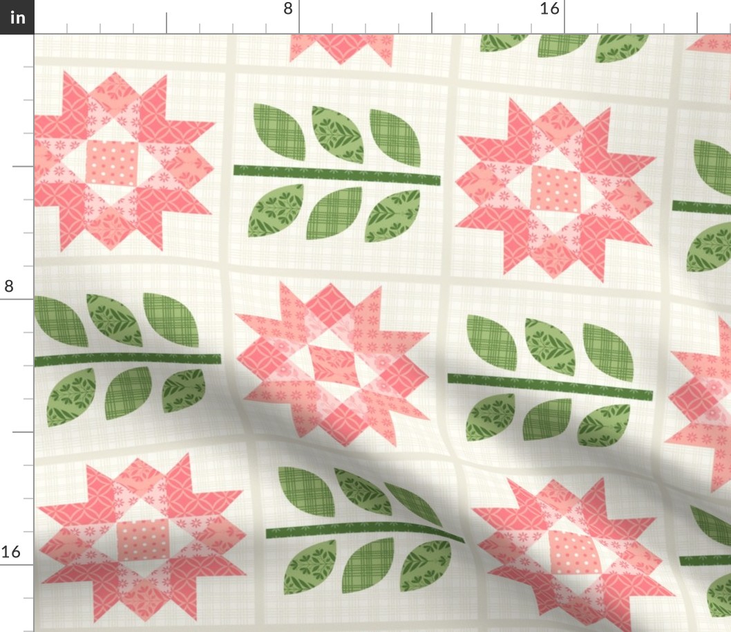 Peaches and Cream Star Flower Quilt Blocks with Stems- horizontal print