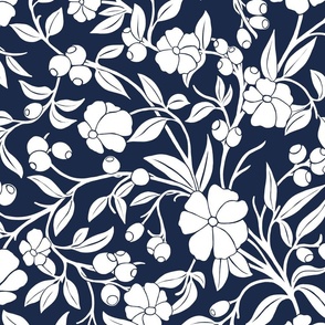 Courtyard Flora in white on navy blue coastal chic floral 