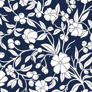 Courtyard Flora coastal chic floral in white on navy blue
