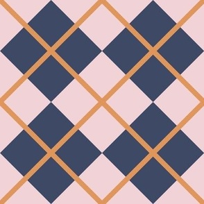 248 - Large scale pale pink, mustard and navy blue Argyle classic plaid for preppy wallpaper, teenage décor, library pillows, English country golf club