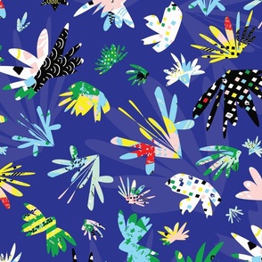 Small - Bright abstract colorful flowers, maximalist floral in blue, floral fabric for dresses, skirts