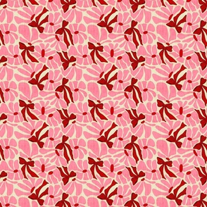 Retro Whimsy Daisy and Bows- Flower Power on Eggshell - Red Ribbons Pink Floral- Small Scale 
