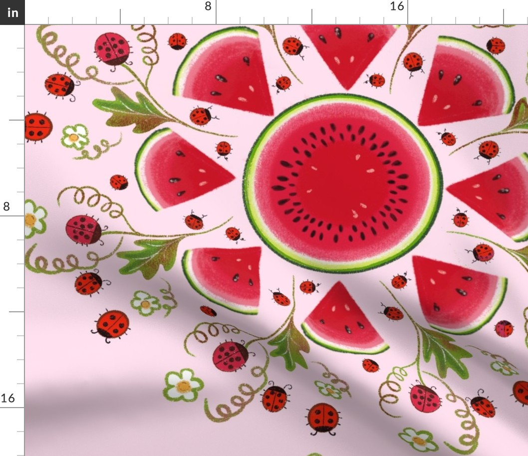 Cute sweet watermelon with tiny ladybugs and little white flowers. 