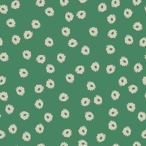 EXTRA SMALL SCALE SIMPLE BOTANICAL DESERT DITSY FLOWERS-EMERALD GREEN-BEIGE OFF WHITE