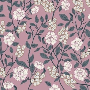 Chinoiserie Trailing florals in Pink, Mauve and Stone Grey
