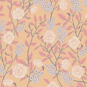 Chinoiserie Trailing florals in Blush Pink and light Amber