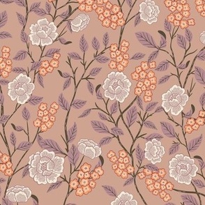Chinoiserie Trailing florals in light Brown, Mauve and orange tones