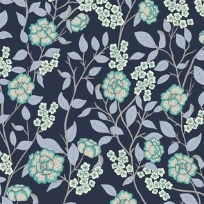 Chinoiserie Trailing florals in Onyx black, Turquoise and serenity Blue tones