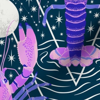 Moonlight Crayfish // Tarot Moon Card Diamond with Stars in Inky Navy Blue, Ultramarine, Lilac & Pink