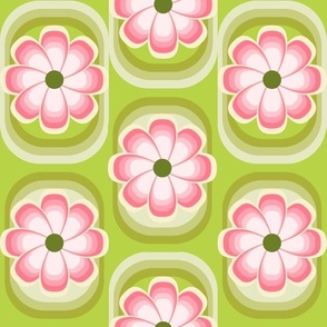 Retro Groovy flowers in lime  green and pink large scale