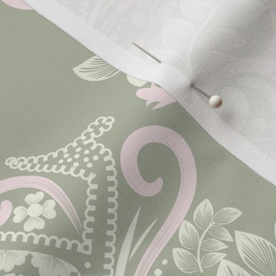 L| Modern Light pink white Floral Damask on light sage