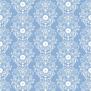 M| Modern Light Blue white Floral Damask on denim blue 