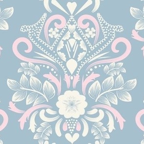 L| Modern Classic pink and white Floral Damask on English Blue 