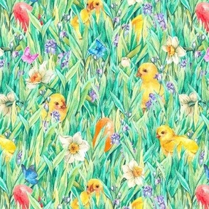 Watercolor Easter green grass, yellow chickens and flowers